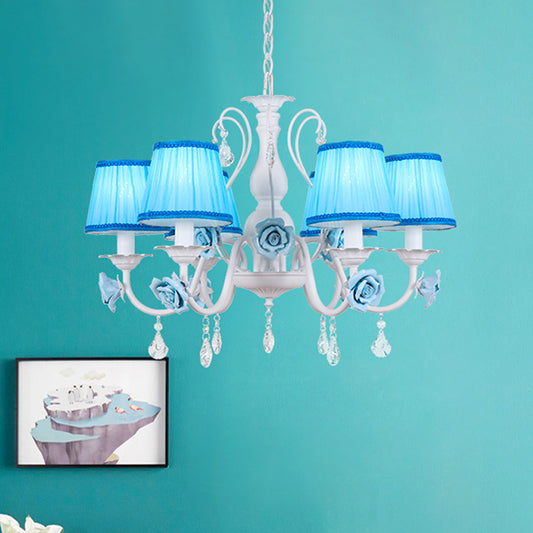Fabric Blue Chandelier Light Fixture Conical 3/6/8 Heads Pastoral Style Hanging Pendant with Crystal Accent Clearhalo 'Ceiling Lights' 'Chandeliers' Lighting' options 729613