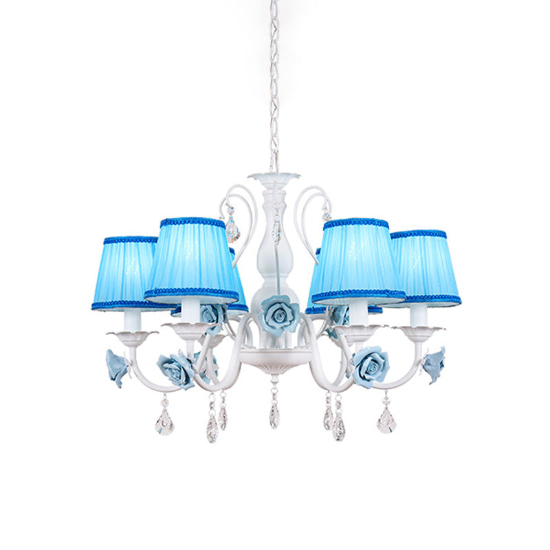 Fabric Blue Chandelier Light Fixture Conical 3/6/8 Heads Pastoral Style Hanging Pendant with Crystal Accent Clearhalo 'Ceiling Lights' 'Chandeliers' Lighting' options 729614