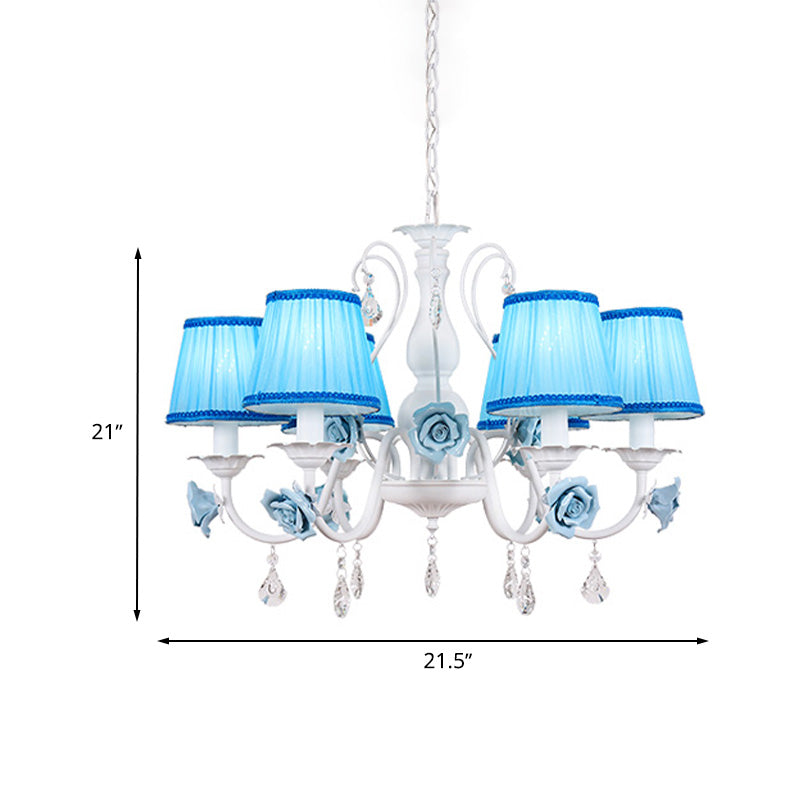 Fabric Blue Chandelier Light Fixture Conical 3/6/8 Heads Pastoral Style Hanging Pendant with Crystal Accent Clearhalo 'Ceiling Lights' 'Chandeliers' Lighting' options 729615