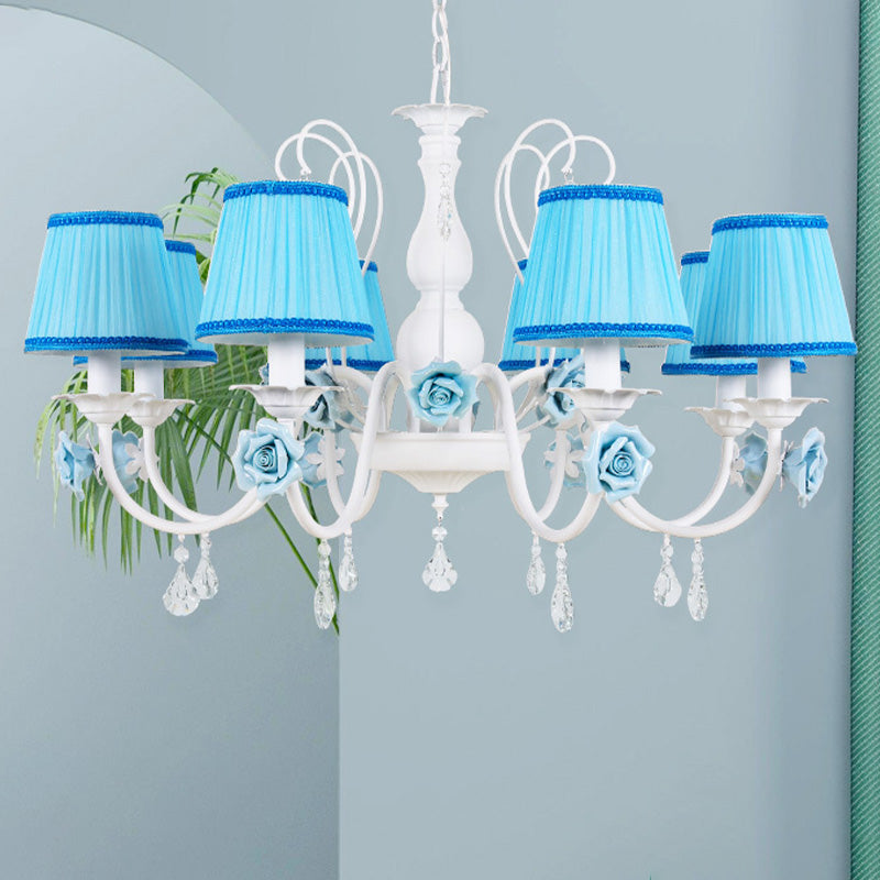Fabric Blue Chandelier Light Fixture Conical 3/6/8 Heads Pastoral Style Hanging Pendant with Crystal Accent 8 Blue Clearhalo 'Ceiling Lights' 'Chandeliers' Lighting' options 729616_e99ce3a0-ce77-4888-aec9-f78be8a0bd88