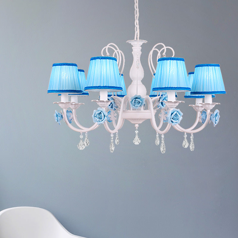 Fabric Blue Chandelier Light Fixture Conical 3/6/8 Heads Pastoral Style Hanging Pendant with Crystal Accent Clearhalo 'Ceiling Lights' 'Chandeliers' Lighting' options 729617