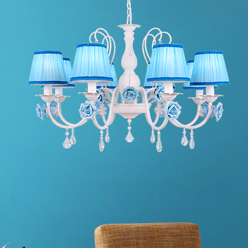 Fabric Blue Chandelier Light Fixture Conical 3/6/8 Heads Pastoral Style Hanging Pendant with Crystal Accent Clearhalo 'Ceiling Lights' 'Chandeliers' Lighting' options 729618