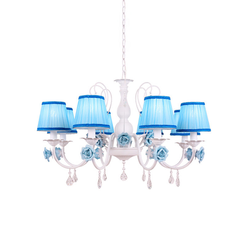 Fabric Blue Chandelier Light Fixture Conical 3/6/8 Heads Pastoral Style Hanging Pendant with Crystal Accent Clearhalo 'Ceiling Lights' 'Chandeliers' Lighting' options 729619