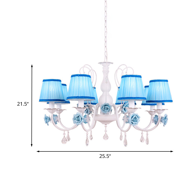 Fabric Blue Chandelier Light Fixture Conical 3/6/8 Heads Pastoral Style Hanging Pendant with Crystal Accent Clearhalo 'Ceiling Lights' 'Chandeliers' Lighting' options 729620