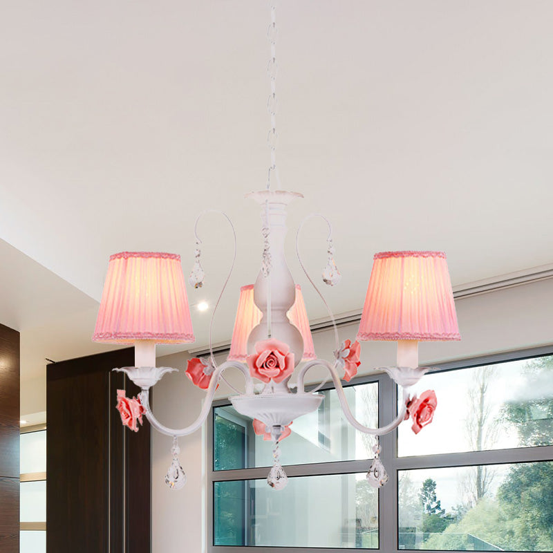 Fabric Pleated Shade Chandelier Pastoral 3/6/8 Lights Dining Room Pendant in Pink with Crystal Drop 3 Pink Clearhalo 'Ceiling Lights' 'Chandeliers' Lighting' options 729621_b22d36e0-d4a4-4faf-8a5d-6551186e8e14