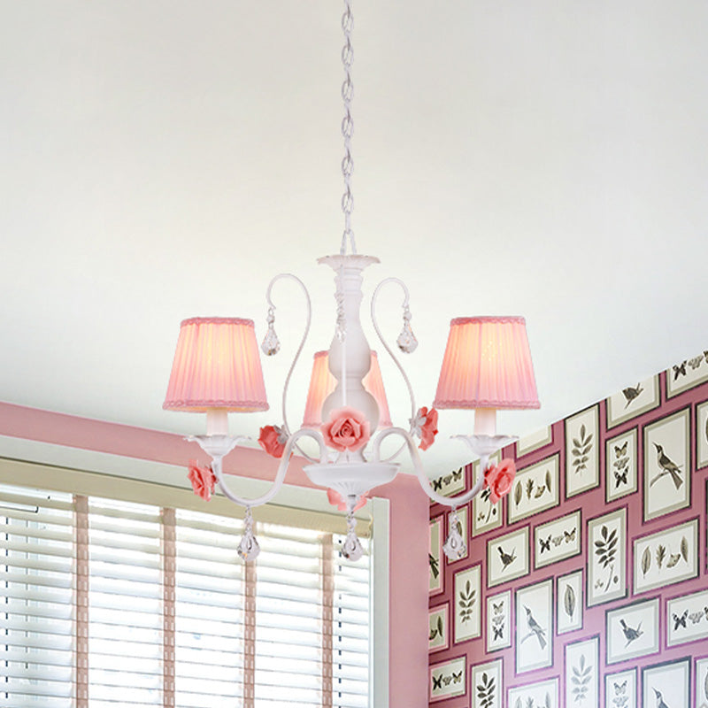 Fabric Pleated Shade Chandelier Pastoral 3/6/8 Lights Dining Room Pendant in Pink with Crystal Drop Clearhalo 'Ceiling Lights' 'Chandeliers' Lighting' options 729622