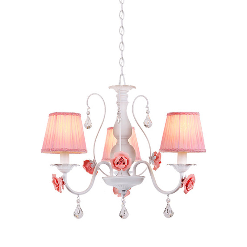 Fabric Pleated Shade Chandelier Pastoral 3/6/8 Lights Dining Room Pendant in Pink with Crystal Drop Clearhalo 'Ceiling Lights' 'Chandeliers' Lighting' options 729624