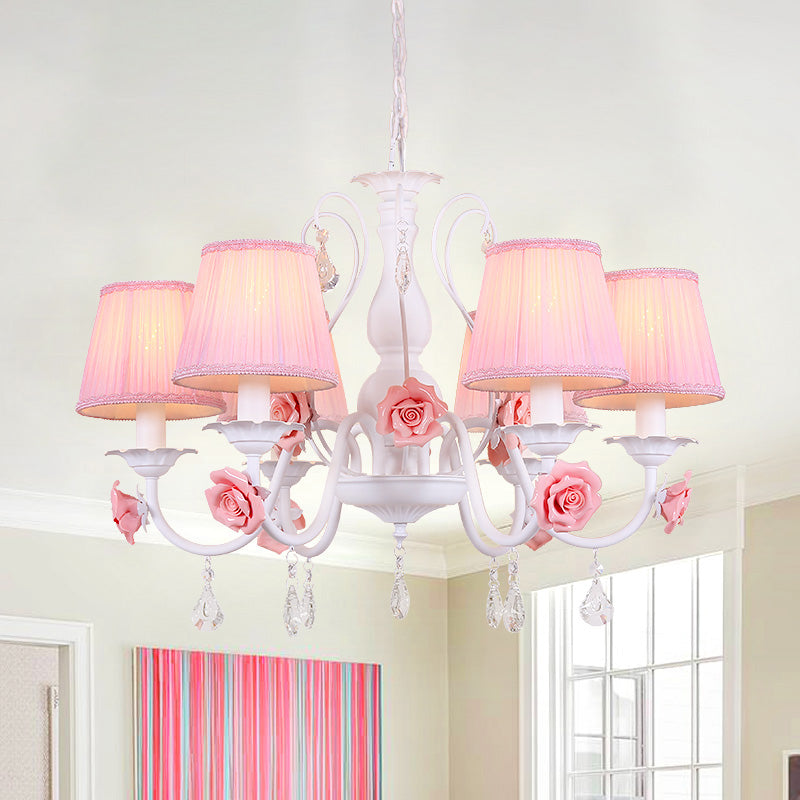 Fabric Pleated Shade Chandelier Pastoral 3/6/8 Lights Dining Room Pendant in Pink with Crystal Drop 6 Pink Clearhalo 'Ceiling Lights' 'Chandeliers' Lighting' options 729626_988463a1-c541-410b-9bd4-a16777f18b31