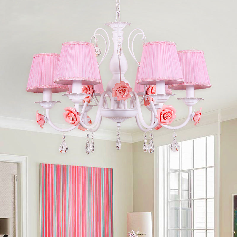 Fabric Pleated Shade Chandelier Pastoral 3/6/8 Lights Dining Room Pendant in Pink with Crystal Drop Clearhalo 'Ceiling Lights' 'Chandeliers' Lighting' options 729627