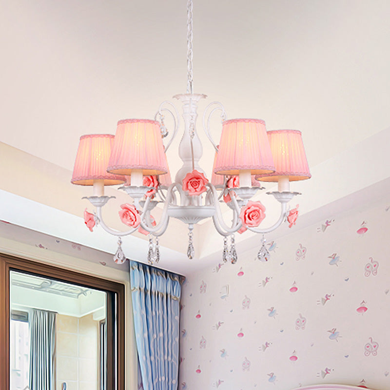 Fabric Pleated Shade Chandelier Pastoral 3/6/8 Lights Dining Room Pendant in Pink with Crystal Drop Clearhalo 'Ceiling Lights' 'Chandeliers' Lighting' options 729628