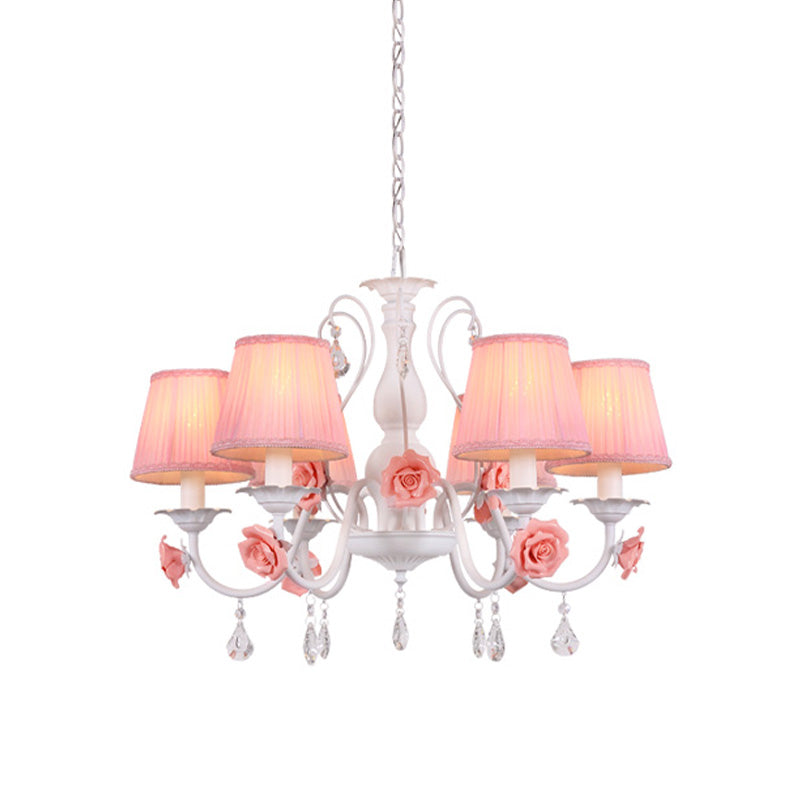 Fabric Pleated Shade Chandelier Pastoral 3/6/8 Lights Dining Room Pendant in Pink with Crystal Drop Clearhalo 'Ceiling Lights' 'Chandeliers' Lighting' options 729629