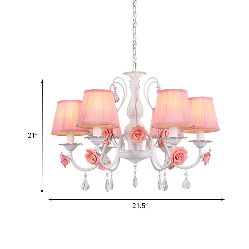 Fabric Pleated Shade Chandelier Pastoral 3/6/8 Lights Dining Room Pendant in Pink with Crystal Drop Clearhalo 'Ceiling Lights' 'Chandeliers' Lighting' options 729630