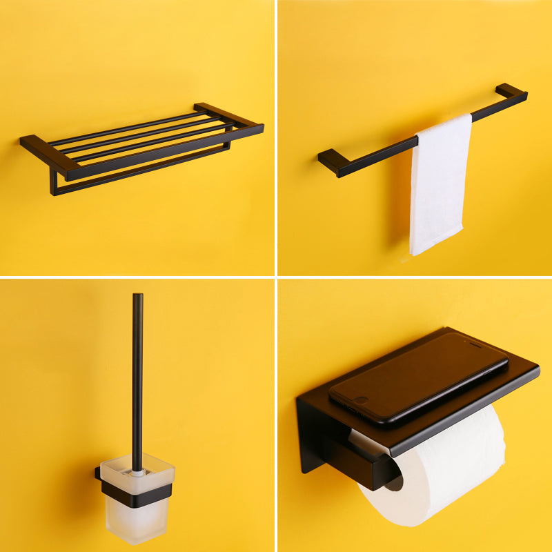 Modern Black Bathroom Accessory Kit with Bath Shelf and Soap Dish 4-Piece Set Clearhalo 'Bathroom Hardware Sets' 'Bathroom Hardware' 'Bathroom Remodel & Bathroom Fixtures' 'bathroom_hardware_sets' 'Home Improvement' 'home_improvement' 'home_improvement_bathroom_hardware_sets' 7296317