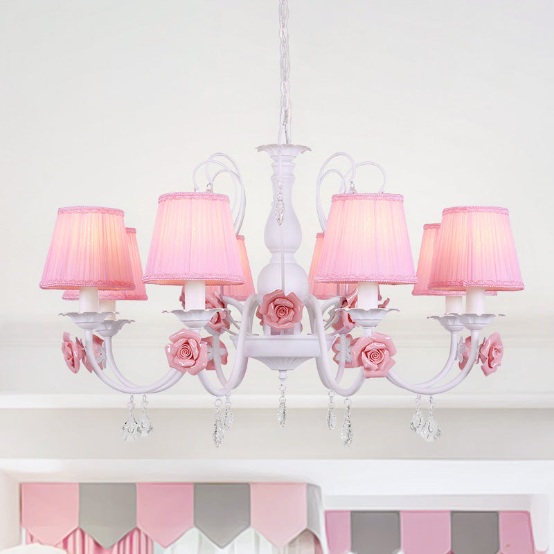 Fabric Pleated Shade Chandelier Pastoral 3/6/8 Lights Dining Room Pendant in Pink with Crystal Drop 8 Pink Clearhalo 'Ceiling Lights' 'Chandeliers' Lighting' options 729631_30532d8e-259b-4e97-a7ad-cccc64e9d0f7