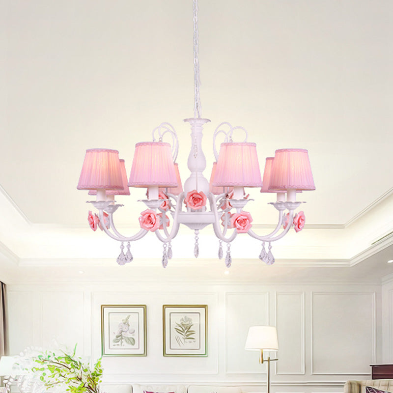 Fabric Pleated Shade Chandelier Pastoral 3/6/8 Lights Dining Room Pendant in Pink with Crystal Drop Clearhalo 'Ceiling Lights' 'Chandeliers' Lighting' options 729633