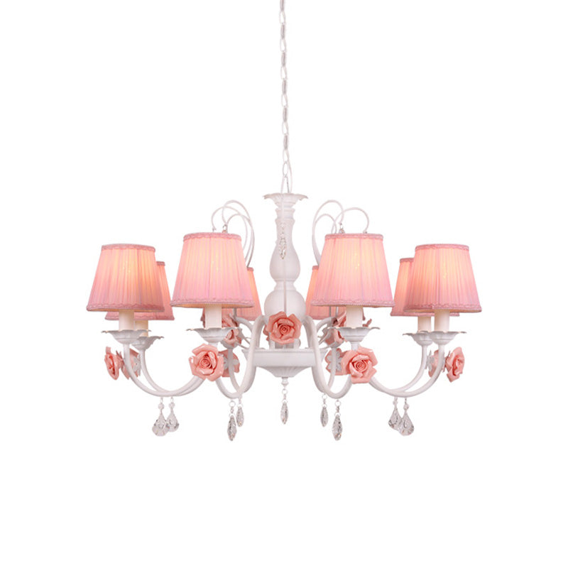 Fabric Pleated Shade Chandelier Pastoral 3/6/8 Lights Dining Room Pendant in Pink with Crystal Drop Clearhalo 'Ceiling Lights' 'Chandeliers' Lighting' options 729634