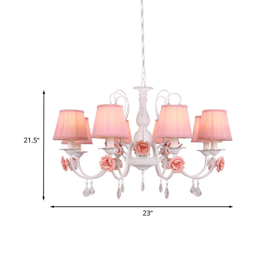 Fabric Pleated Shade Chandelier Pastoral 3/6/8 Lights Dining Room Pendant in Pink with Crystal Drop Clearhalo 'Ceiling Lights' 'Chandeliers' Lighting' options 729635
