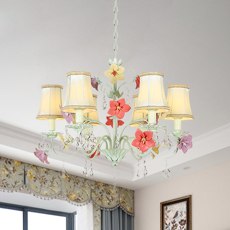 Korean Flower Flared Drop Lamp 6 Bulbs Fabric Chandelier in Light Green with Crystal Accent Light Green Clearhalo 'Ceiling Lights' 'Chandeliers' Lighting' options 729636_fe0f8012-a0c8-424c-a237-6059661901f3