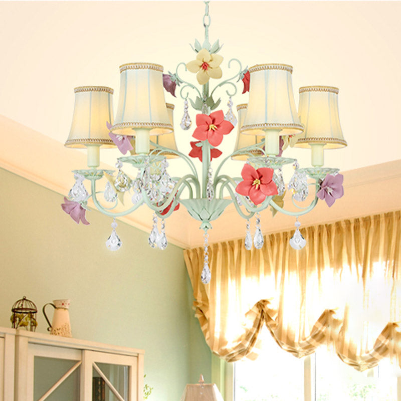 Korean Flower Flared Drop Lamp 6 Bulbs Fabric Chandelier in Light Green with Crystal Accent Clearhalo 'Ceiling Lights' 'Chandeliers' Lighting' options 729638