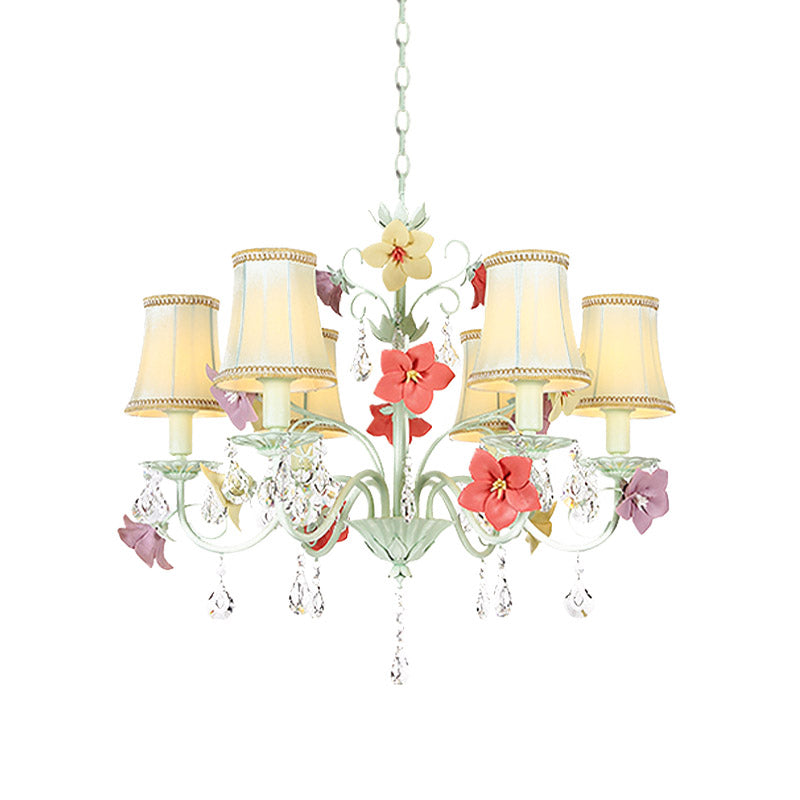 Korean Flower Flared Drop Lamp 6 Bulbs Fabric Chandelier in Light Green with Crystal Accent Clearhalo 'Ceiling Lights' 'Chandeliers' Lighting' options 729639