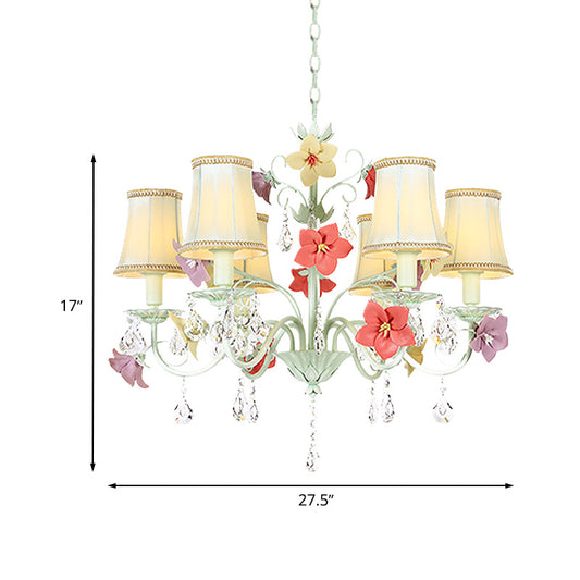 Korean Flower Flared Drop Lamp 6 Bulbs Fabric Chandelier in Light Green with Crystal Accent Clearhalo 'Ceiling Lights' 'Chandeliers' Lighting' options 729640