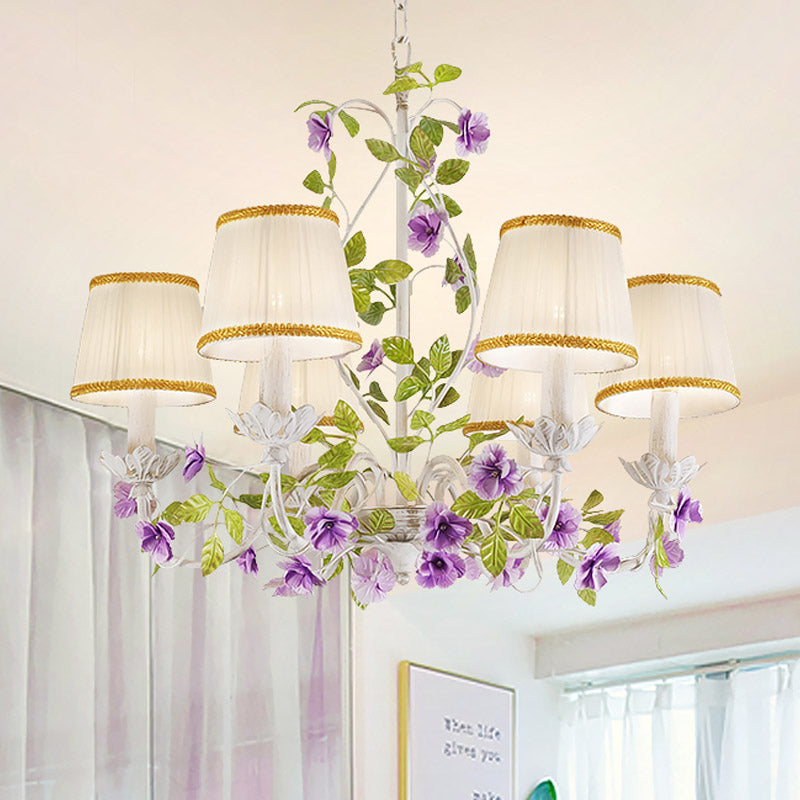 Bucket Fabric Chandelier Lighting Fixture Korean Flower 3/6/8 Bulbs Bedroom Suspension Pendant in White 6 White Clearhalo 'Ceiling Lights' 'Chandeliers' Lighting' options 729646_baca628a-21f5-4644-81c8-a070283ae2ca