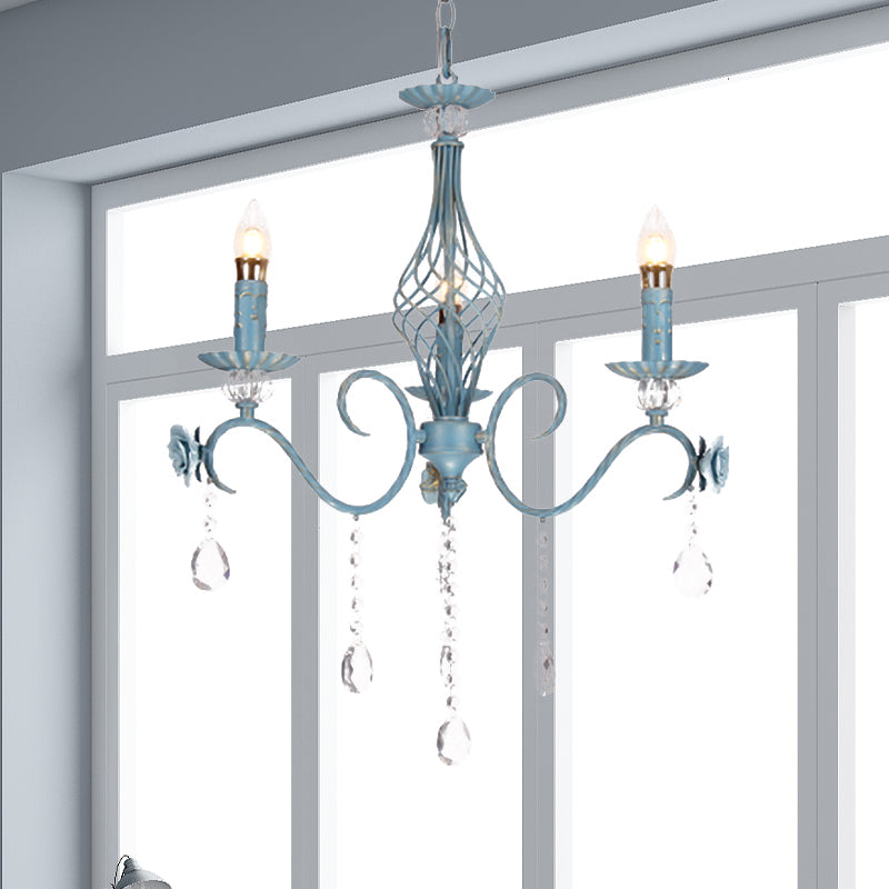 Blue Candlestick Chandelier Korean Flower Metal 3/5/8 Heads Dining Room Ceiling Lamp with Crystal Draping 3 Blue Clearhalo 'Ceiling Lights' 'Chandeliers' Lighting' options 729656_63bc6b31-20df-4656-a2c3-ebf69205f69b