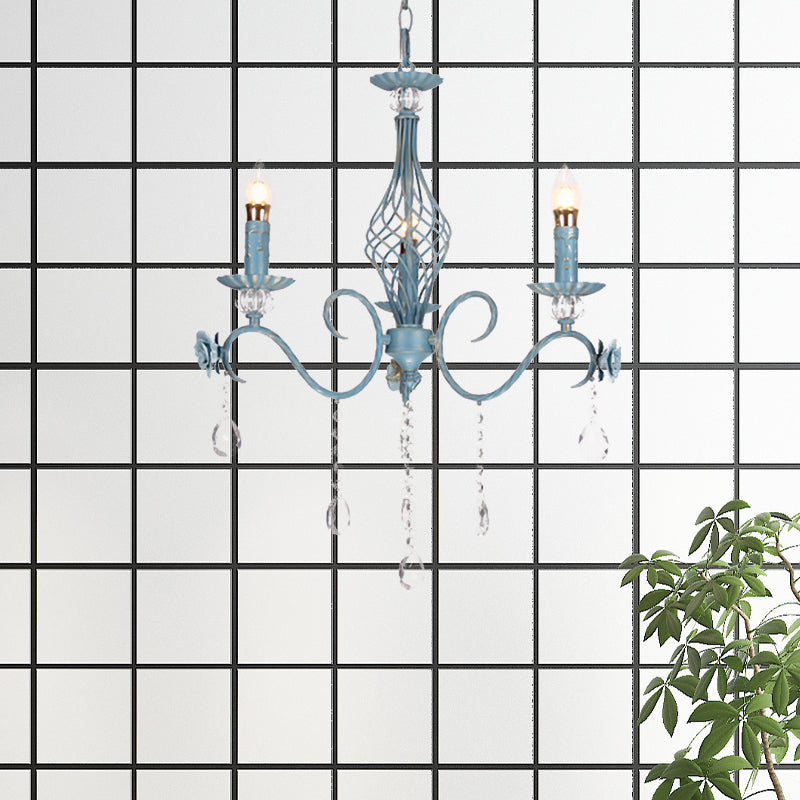 Blue Candlestick Chandelier Korean Flower Metal 3/5/8 Heads Dining Room Ceiling Lamp with Crystal Draping Clearhalo 'Ceiling Lights' 'Chandeliers' Lighting' options 729657