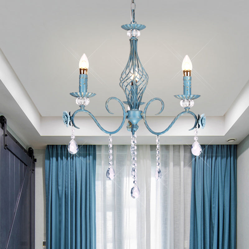 Blue Candlestick Chandelier Korean Flower Metal 3/5/8 Heads Dining Room Ceiling Lamp with Crystal Draping Clearhalo 'Ceiling Lights' 'Chandeliers' Lighting' options 729658