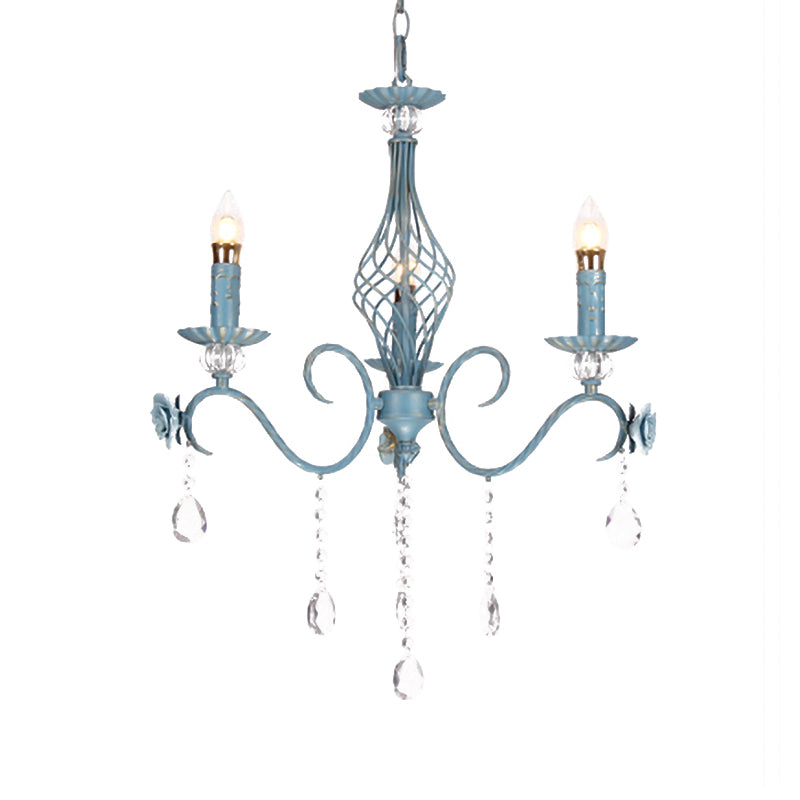 Blue Candlestick Chandelier Korean Flower Metal 3/5/8 Heads Dining Room Ceiling Lamp with Crystal Draping Clearhalo 'Ceiling Lights' 'Chandeliers' Lighting' options 729659