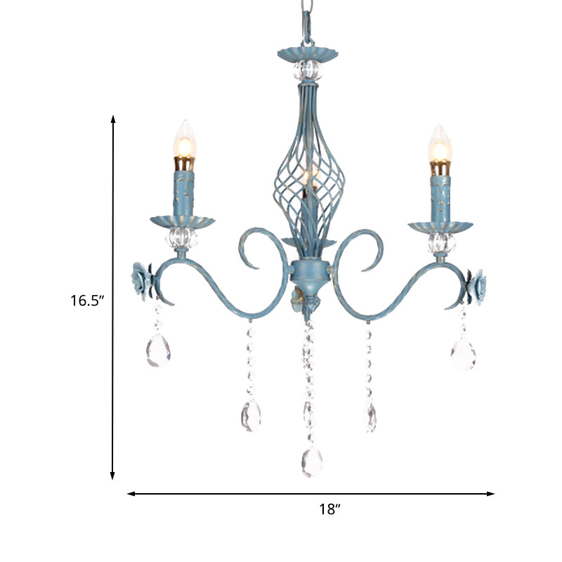 Blue Candlestick Chandelier Korean Flower Metal 3/5/8 Heads Dining Room Ceiling Lamp with Crystal Draping Clearhalo 'Ceiling Lights' 'Chandeliers' Lighting' options 729660
