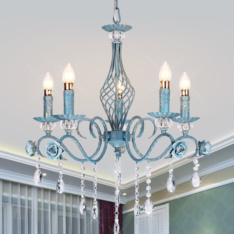 Blue Candlestick Chandelier Korean Flower Metal 3/5/8 Heads Dining Room Ceiling Lamp with Crystal Draping 5 Blue Clearhalo 'Ceiling Lights' 'Chandeliers' Lighting' options 729661_61a82e2e-6eea-452a-a661-20bd79f340d2