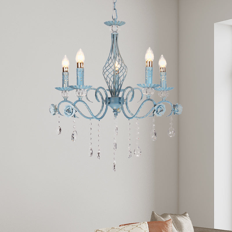 Blue Candlestick Chandelier Korean Flower Metal 3/5/8 Heads Dining Room Ceiling Lamp with Crystal Draping Clearhalo 'Ceiling Lights' 'Chandeliers' Lighting' options 729662