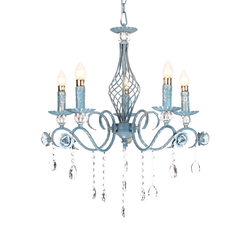Blue Candlestick Chandelier Korean Flower Metal 3/5/8 Heads Dining Room Ceiling Lamp with Crystal Draping Clearhalo 'Ceiling Lights' 'Chandeliers' Lighting' options 729664