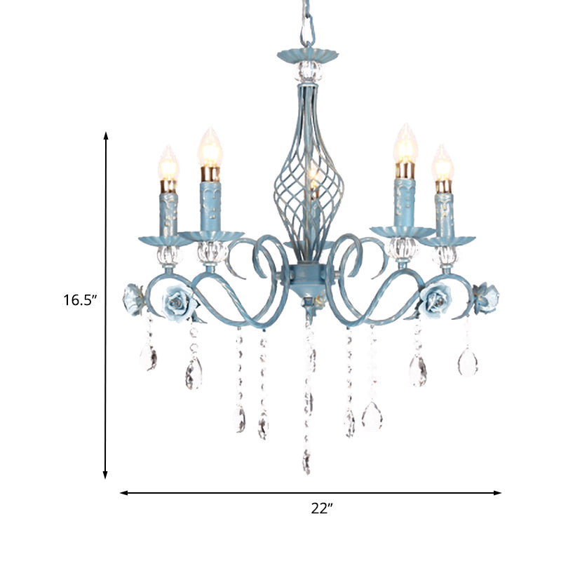 Blue Candlestick Chandelier Korean Flower Metal 3/5/8 Heads Dining Room Ceiling Lamp with Crystal Draping Clearhalo 'Ceiling Lights' 'Chandeliers' Lighting' options 729665