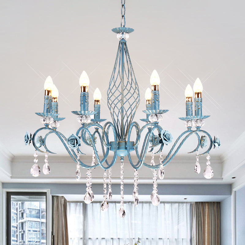 Blue Candlestick Chandelier Korean Flower Metal 3/5/8 Heads Dining Room Ceiling Lamp with Crystal Draping 8 Blue Clearhalo 'Ceiling Lights' 'Chandeliers' Lighting' options 729666_daa301ef-d5cc-4a21-a615-cc5945aef5c0