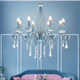 Blue Candlestick Chandelier Korean Flower Metal 3/5/8 Heads Dining Room Ceiling Lamp with Crystal Draping Clearhalo 'Ceiling Lights' 'Chandeliers' Lighting' options 729667