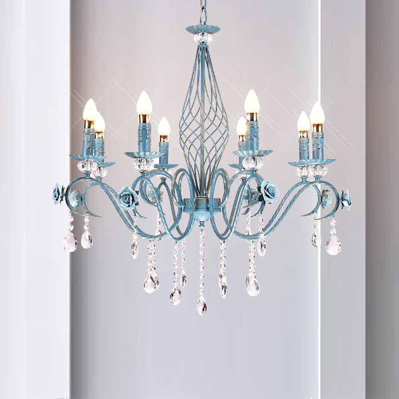 Blue Candlestick Chandelier Korean Flower Metal 3/5/8 Heads Dining Room Ceiling Lamp with Crystal Draping Clearhalo 'Ceiling Lights' 'Chandeliers' Lighting' options 729668