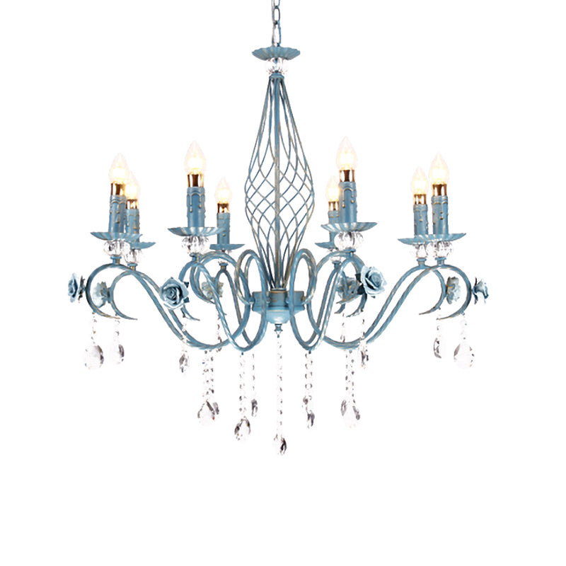 Blue Candlestick Chandelier Korean Flower Metal 3/5/8 Heads Dining Room Ceiling Lamp with Crystal Draping Clearhalo 'Ceiling Lights' 'Chandeliers' Lighting' options 729669