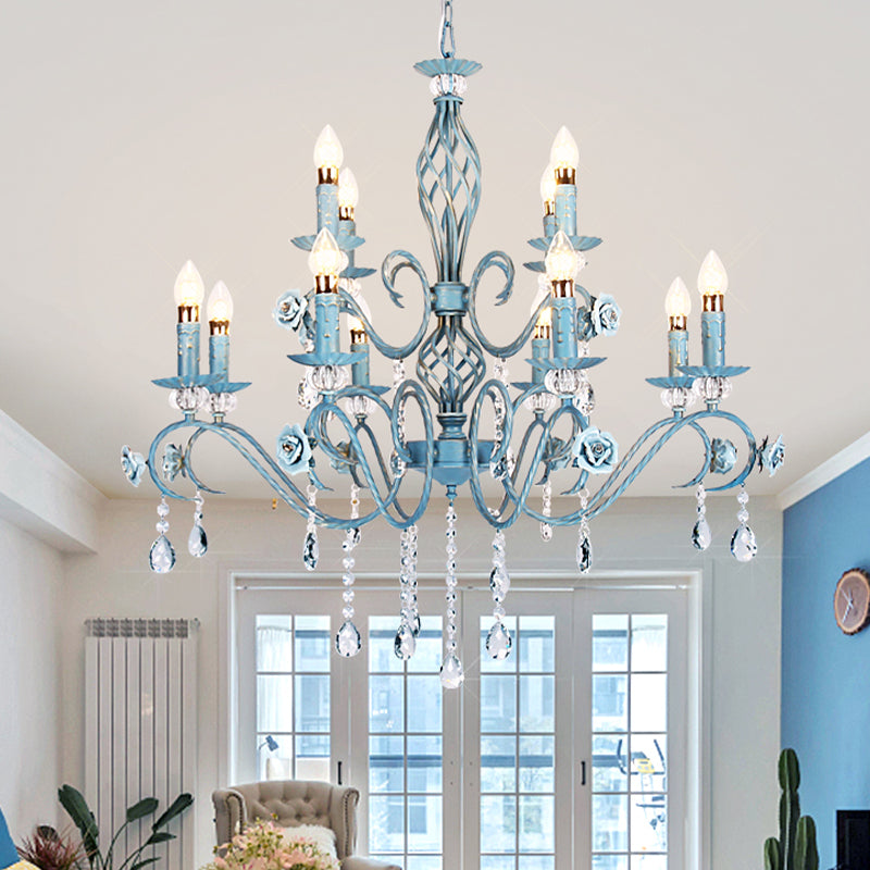 Blue Candlestick Chandelier Korean Flower Metal 3/5/8 Heads Dining Room Ceiling Lamp with Crystal Draping 12 Blue Clearhalo 'Ceiling Lights' 'Chandeliers' Lighting' options 729671_674bd676-96ed-4c52-8e57-8d26df4aef5c