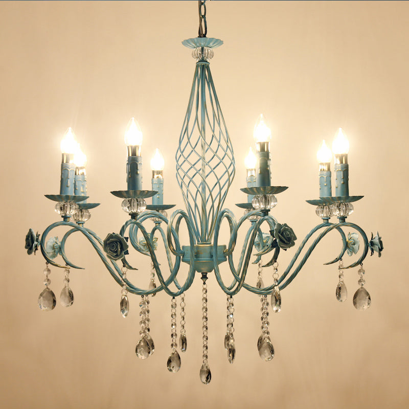 Blue Candlestick Chandelier Korean Flower Metal 3/5/8 Heads Dining Room Ceiling Lamp with Crystal Draping Clearhalo 'Ceiling Lights' 'Chandeliers' Lighting' options 729672