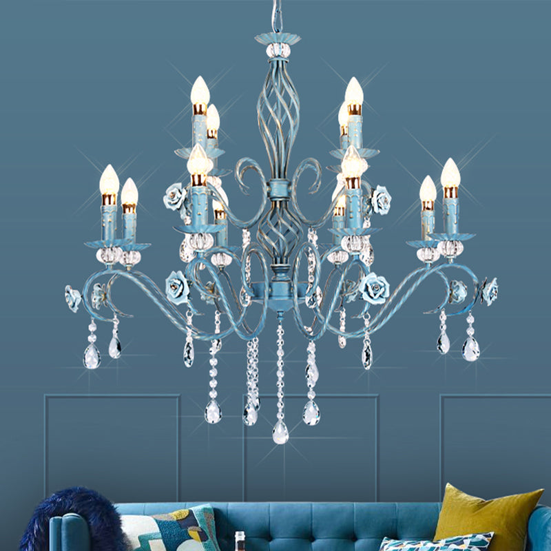 Blue Candlestick Chandelier Korean Flower Metal 3/5/8 Heads Dining Room Ceiling Lamp with Crystal Draping Clearhalo 'Ceiling Lights' 'Chandeliers' Lighting' options 729673