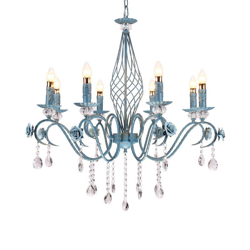 Blue Candlestick Chandelier Korean Flower Metal 3/5/8 Heads Dining Room Ceiling Lamp with Crystal Draping Clearhalo 'Ceiling Lights' 'Chandeliers' Lighting' options 729674