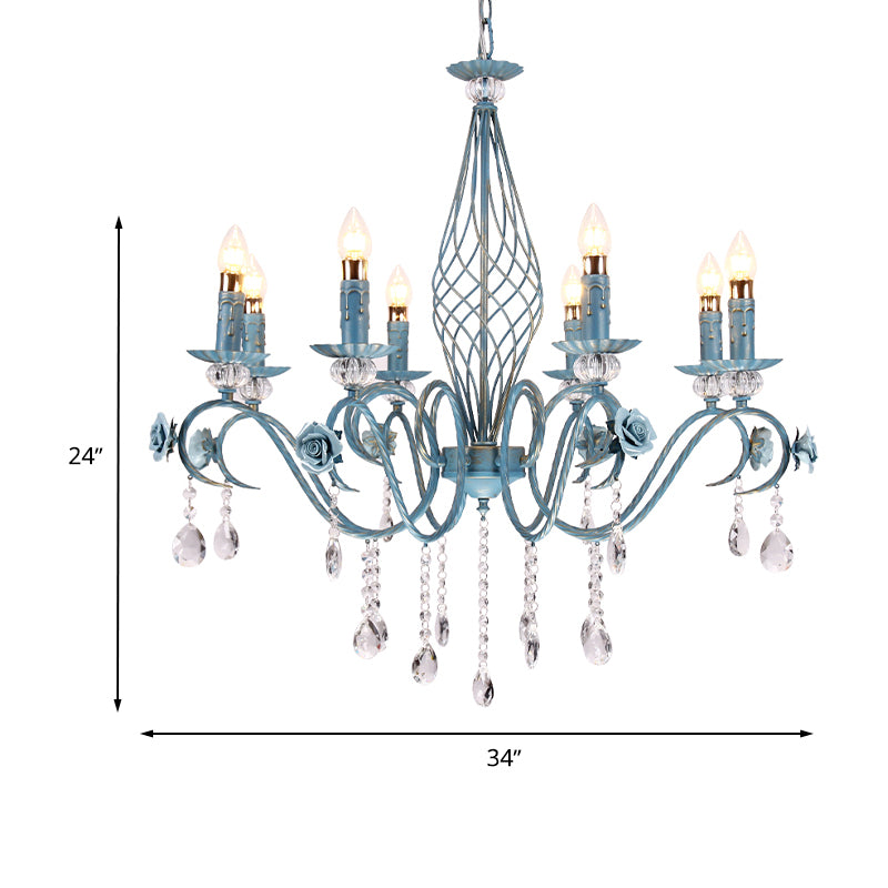 Blue Candlestick Chandelier Korean Flower Metal 3/5/8 Heads Dining Room Ceiling Lamp with Crystal Draping Clearhalo 'Ceiling Lights' 'Chandeliers' Lighting' options 729675