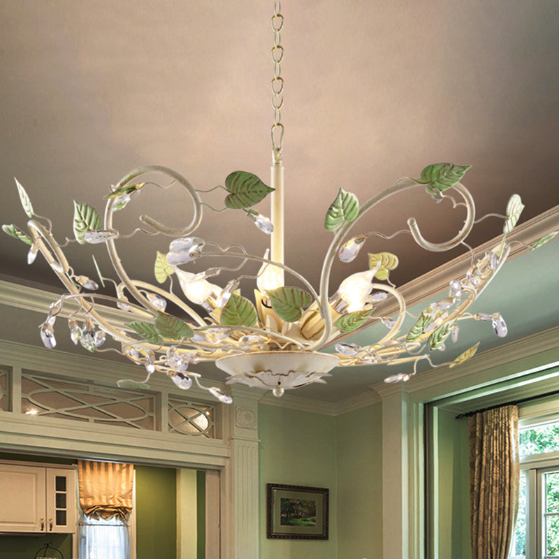 Korean Garden Bowl Ceiling Pendant 6 Lights Iron Hanging Chandelier in White with Crystal Decor White Clearhalo 'Ceiling Lights' 'Chandeliers' Lighting' options 729676_8455be36-4d0a-419b-8696-3f8ccb575857