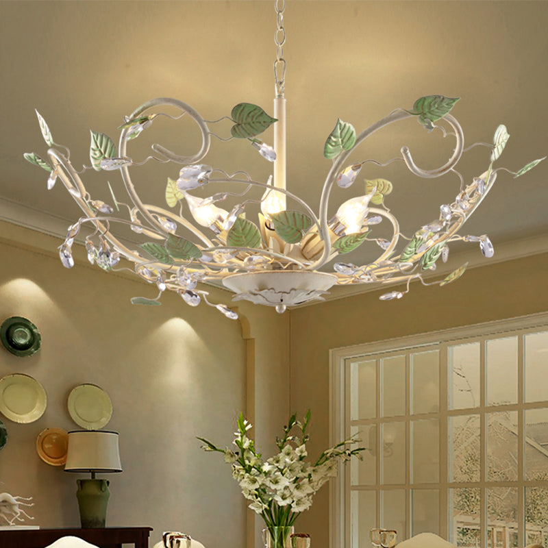 Korean Garden Bowl Ceiling Pendant 6 Lights Iron Hanging Chandelier in White with Crystal Decor Clearhalo 'Ceiling Lights' 'Chandeliers' Lighting' options 729678