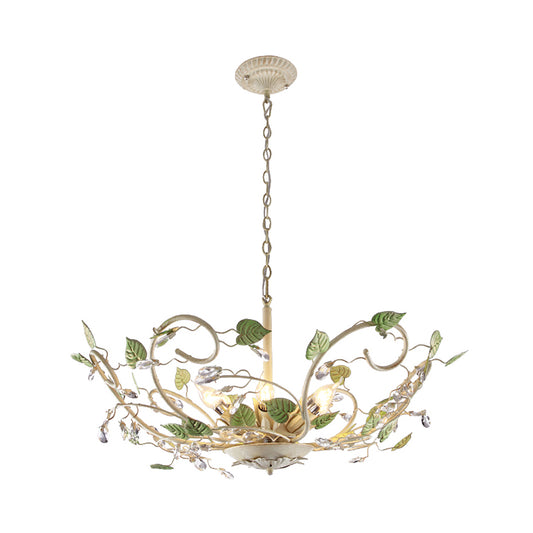 Korean Garden Bowl Ceiling Pendant 6 Lights Iron Hanging Chandelier in White with Crystal Decor Clearhalo 'Ceiling Lights' 'Chandeliers' Lighting' options 729679