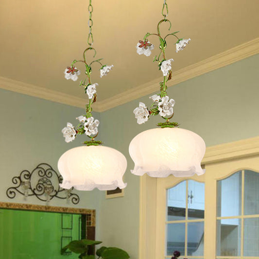 Scalloped Dining Room Hanging Pendant Pastoral White Glass 1-Bulb Green Suspension Light White Clearhalo 'Ceiling Lights' 'Chandeliers' 'Glass shade' 'Glass' 'Pendant Lights' 'Pendants' Lighting' 729681