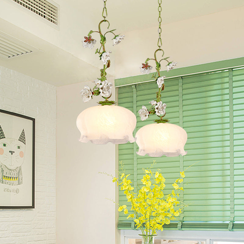 Scalloped Dining Room Hanging Pendant Pastoral White Glass 1-Bulb Green Suspension Light Clearhalo 'Ceiling Lights' 'Chandeliers' 'Glass shade' 'Glass' 'Pendant Lights' 'Pendants' Lighting' 729682