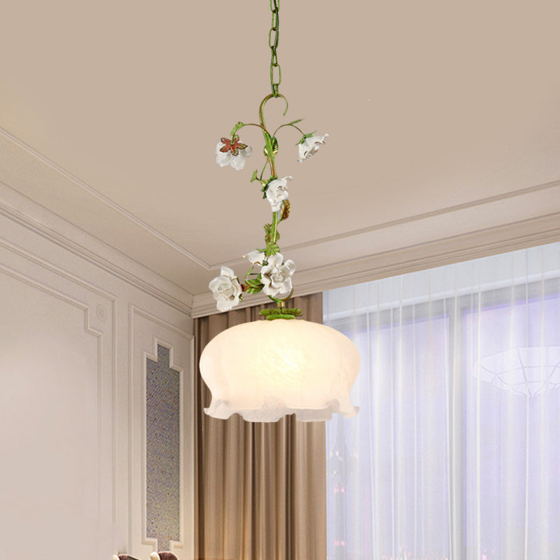 Scalloped Dining Room Hanging Pendant Pastoral White Glass 1-Bulb Green Suspension Light Clearhalo 'Ceiling Lights' 'Chandeliers' 'Glass shade' 'Glass' 'Pendant Lights' 'Pendants' Lighting' 729683